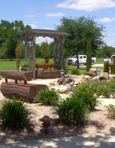 Outdoor garden area with a wooden pergola, bench, and greenery.